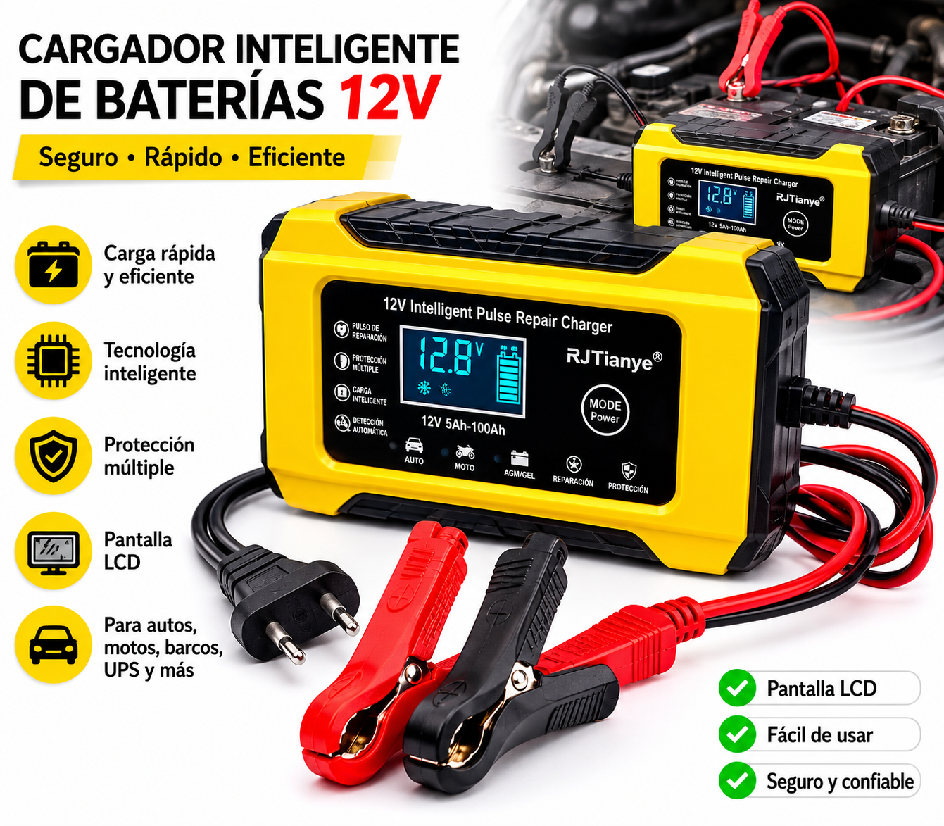 Cargador de Baterías 12V con Pantalla LCD | Carga Segura y Automática