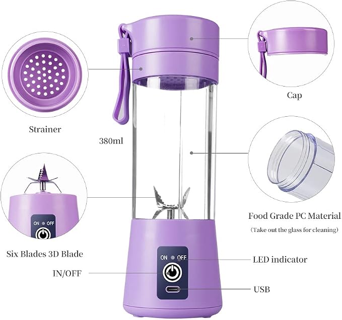 Licuadora Portátil 380 ml con 6 Cuchillas | Prepara y Lleva Donde Quieras