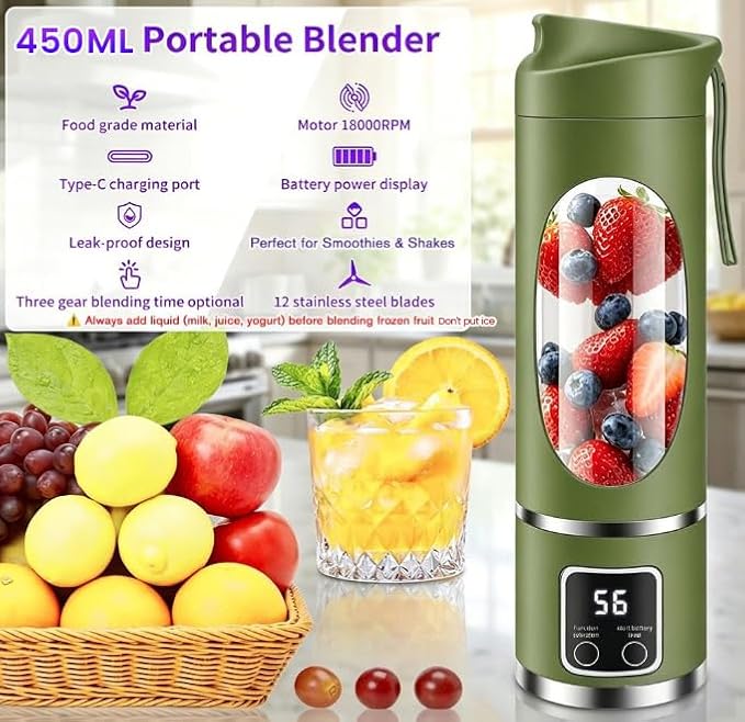 Licuadora Portátil Recargable 450 ml | Prepara Batidos Donde Quieras - 12 Cuchillas y Pantalla Digital