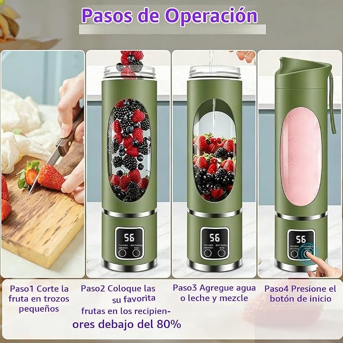 Licuadora Portátil Recargable 450 ml | Prepara Batidos Donde Quieras - 12 Cuchillas y Pantalla Digital