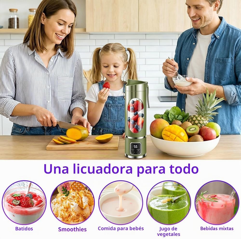 Licuadora Portátil Recargable 450 ml | Prepara Batidos Donde Quieras - 12 Cuchillas y Pantalla Digital