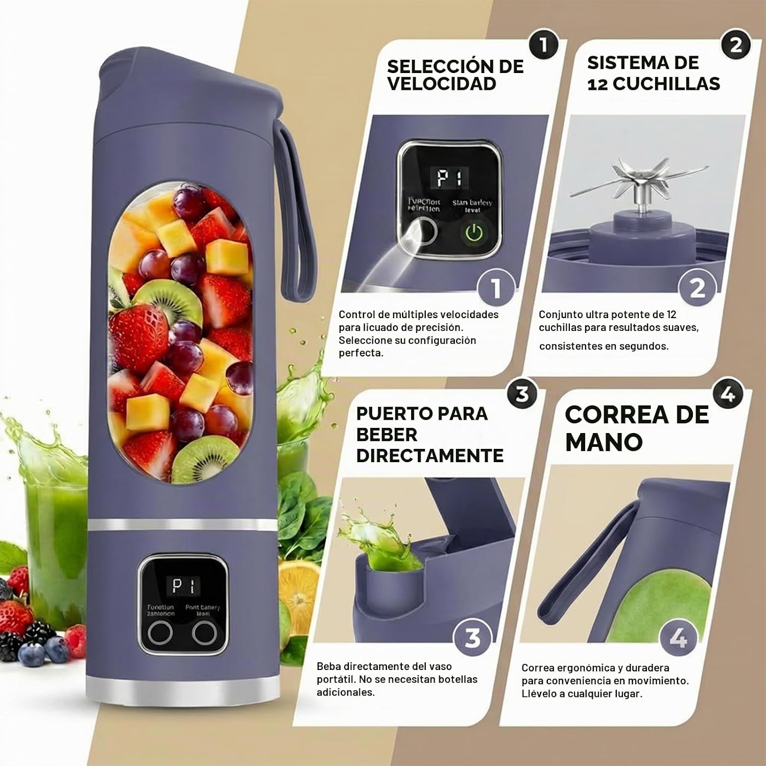 Licuadora Portátil Recargable 450 ml | Prepara Batidos Donde Quieras - 12 Cuchillas y Pantalla Digital