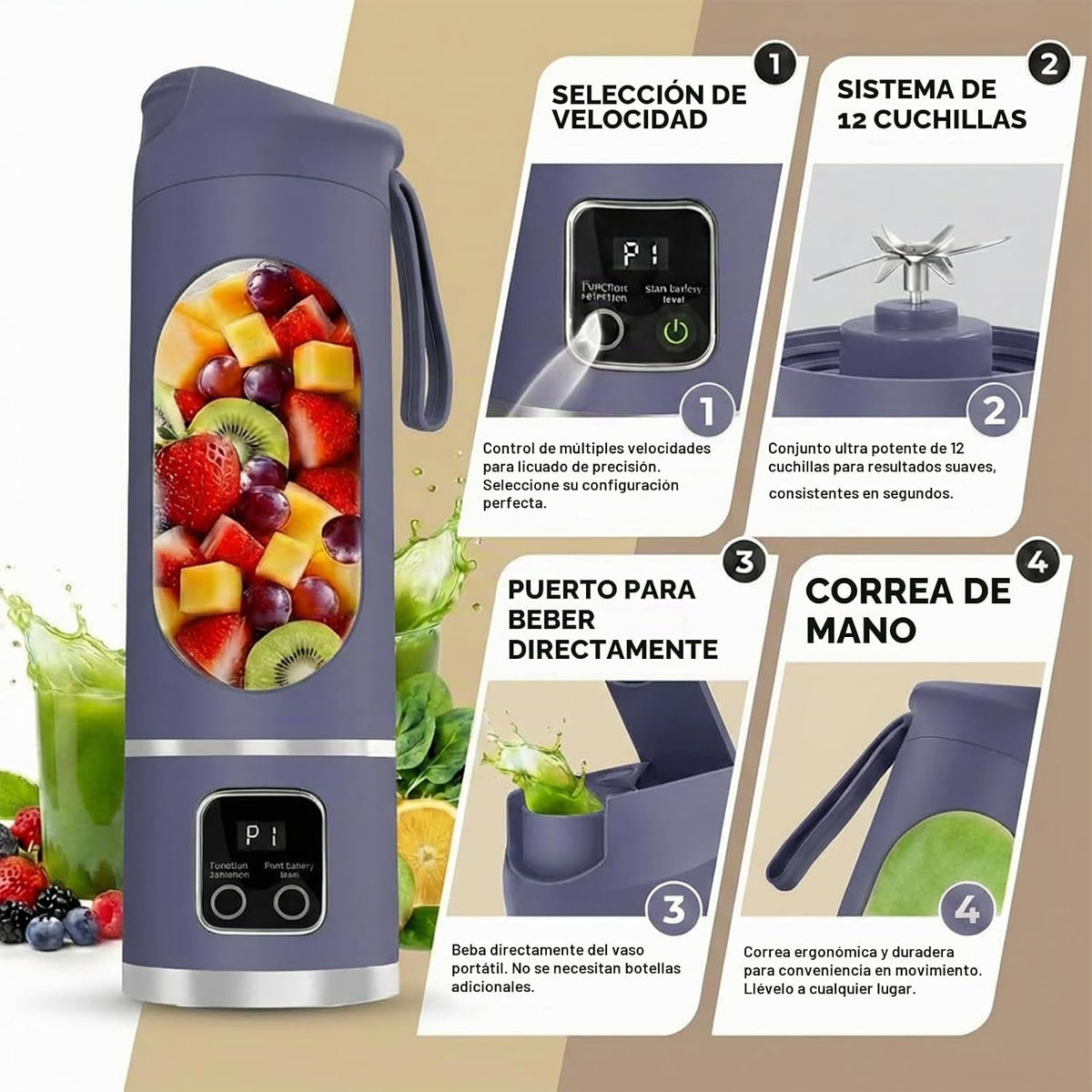 Licuadora Portátil Recargable 450 ml | Prepara Batidos Donde Quieras - 12 Cuchillas y Pantalla Digital