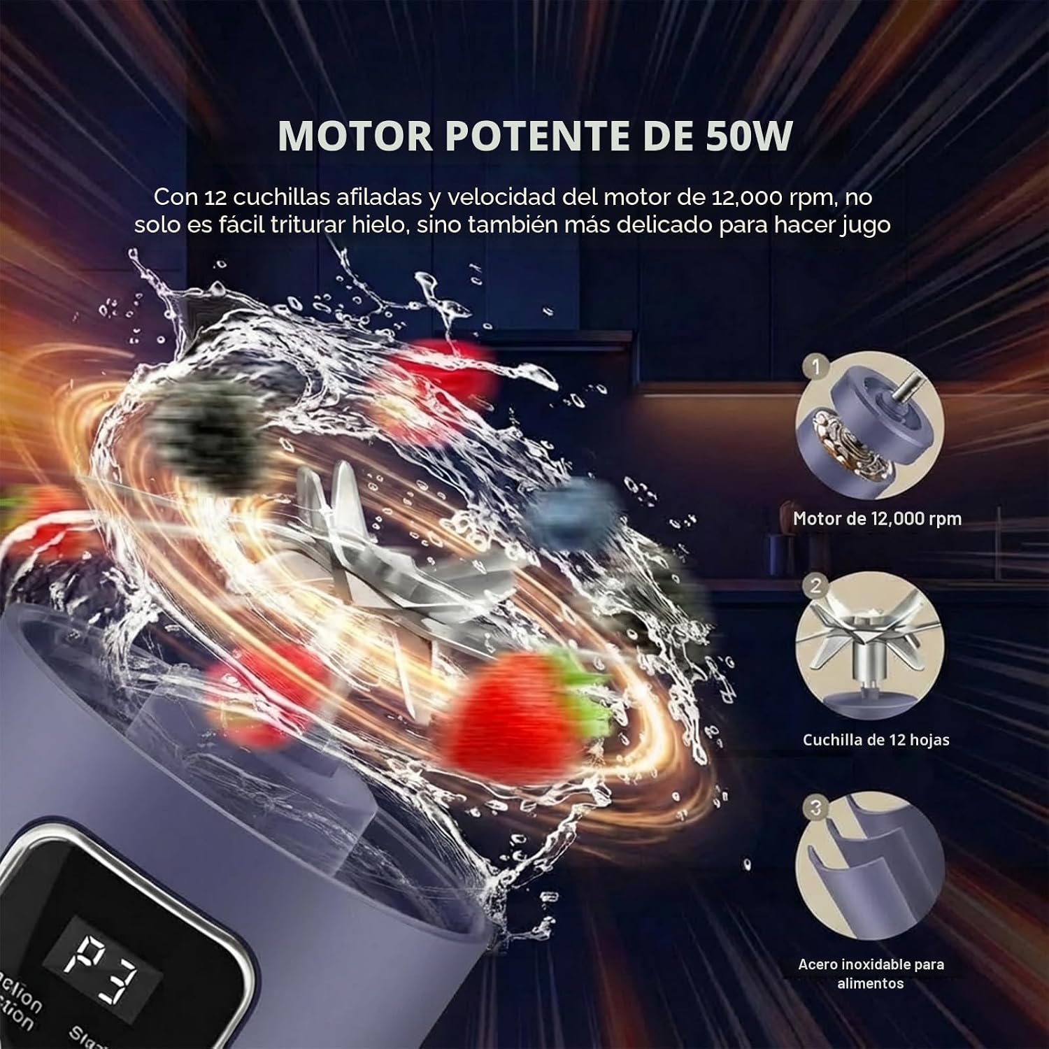Licuadora Portátil Recargable 450 ml | Prepara Batidos Donde Quieras - 12 Cuchillas y Pantalla Digital