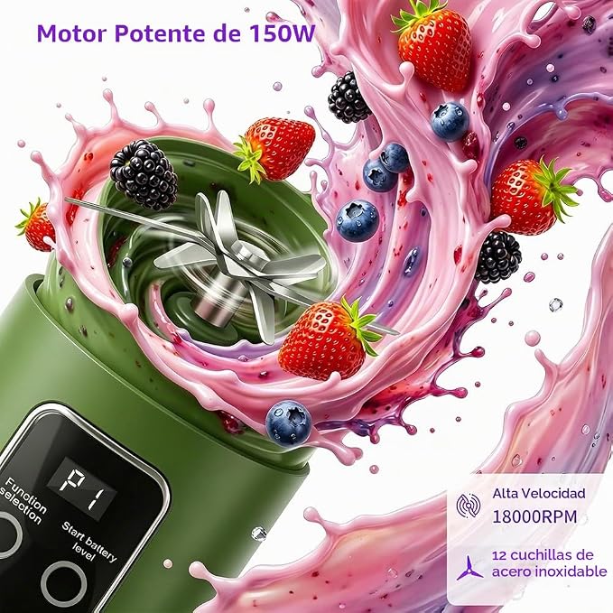 Licuadora Portátil Recargable 450 ml | Prepara Batidos Donde Quieras - 12 Cuchillas y Pantalla Digital