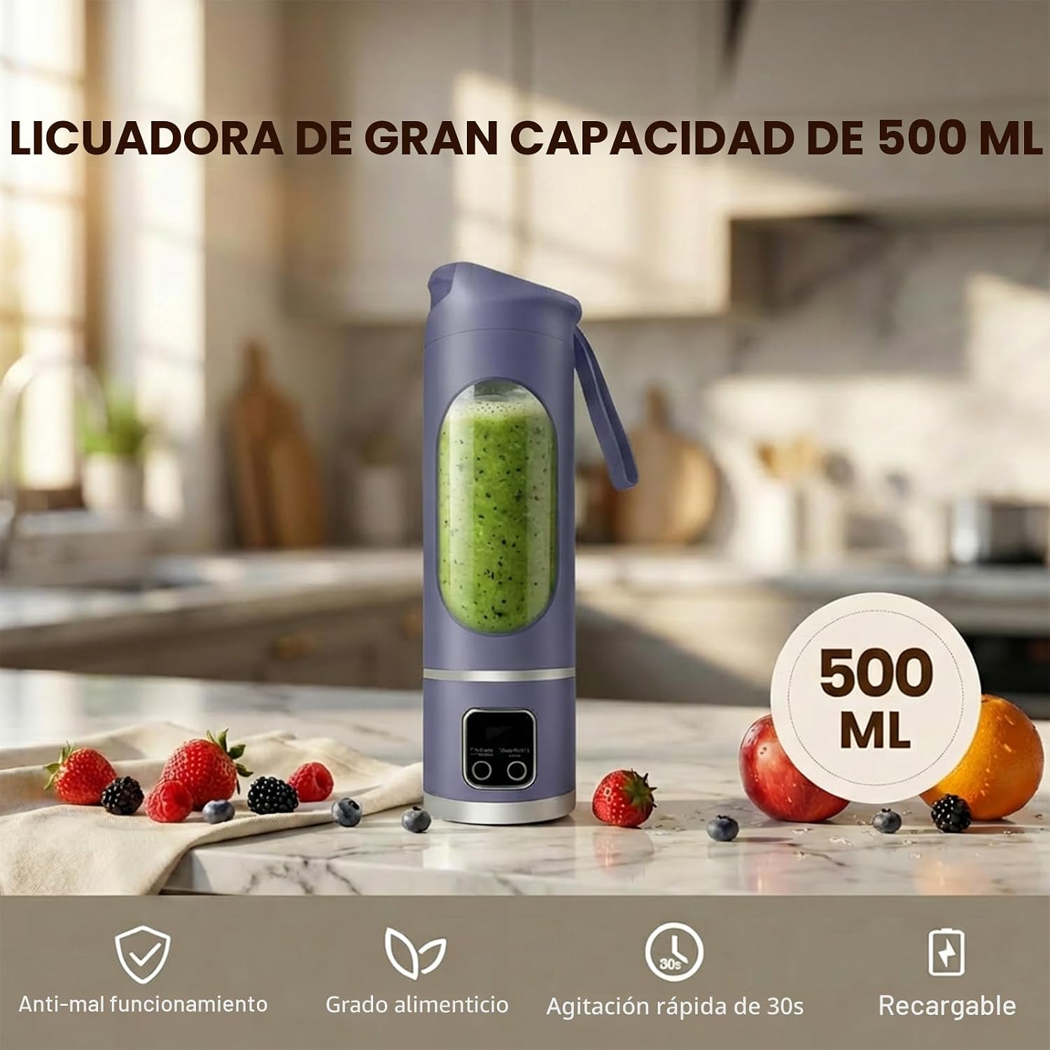 Licuadora Portátil Recargable 450 ml | Prepara Batidos Donde Quieras - 12 Cuchillas y Pantalla Digital