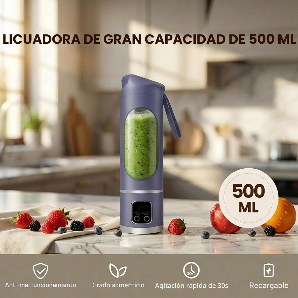 Licuadora Portátil Recargable 450 ml | Prepara Batidos Donde Quieras - 12 Cuchillas y Pantalla Digital