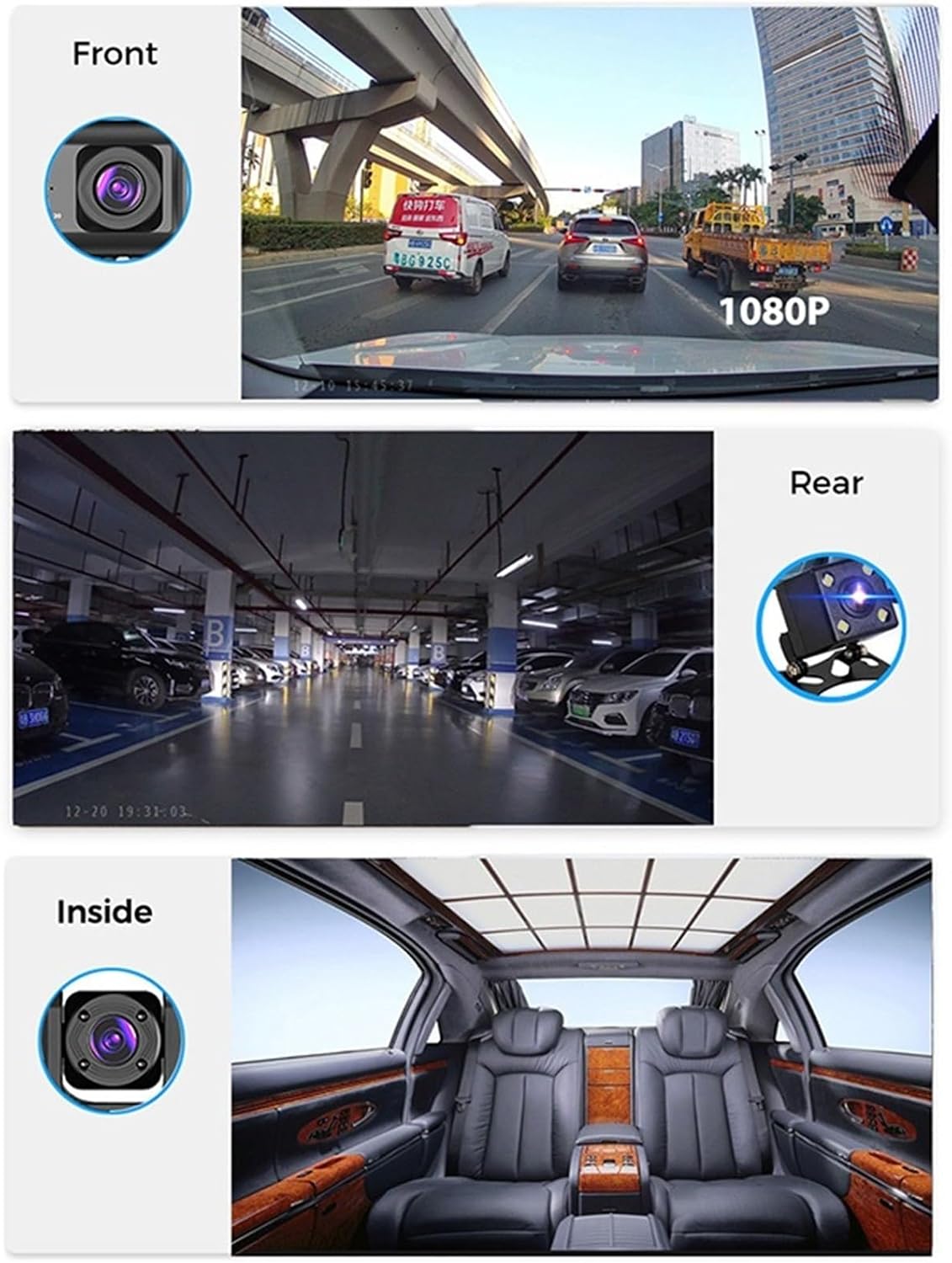 Camara De Auto Triple - Dashcam | Frente, Interior y Parte Trasera en HD