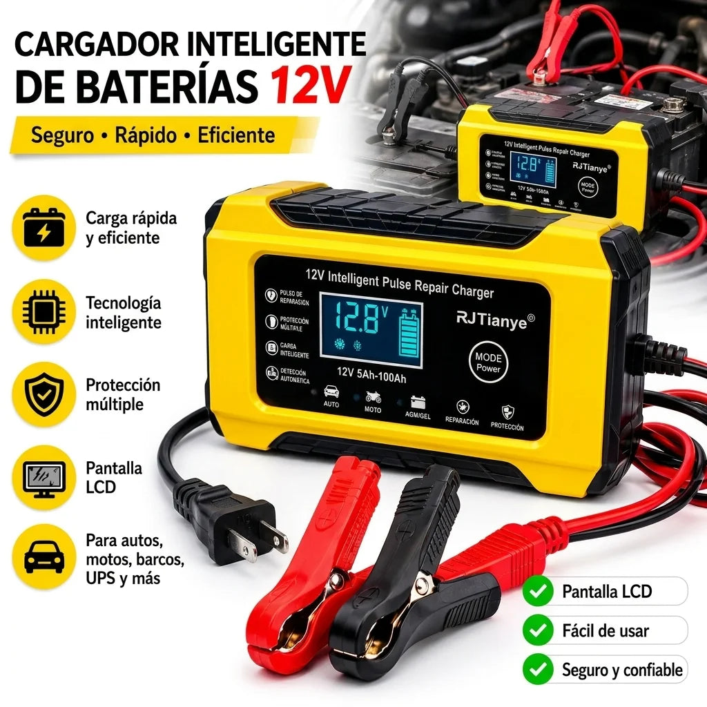 Cargador de Baterías 12V con Pantalla LCD | Carga Segura y Automática