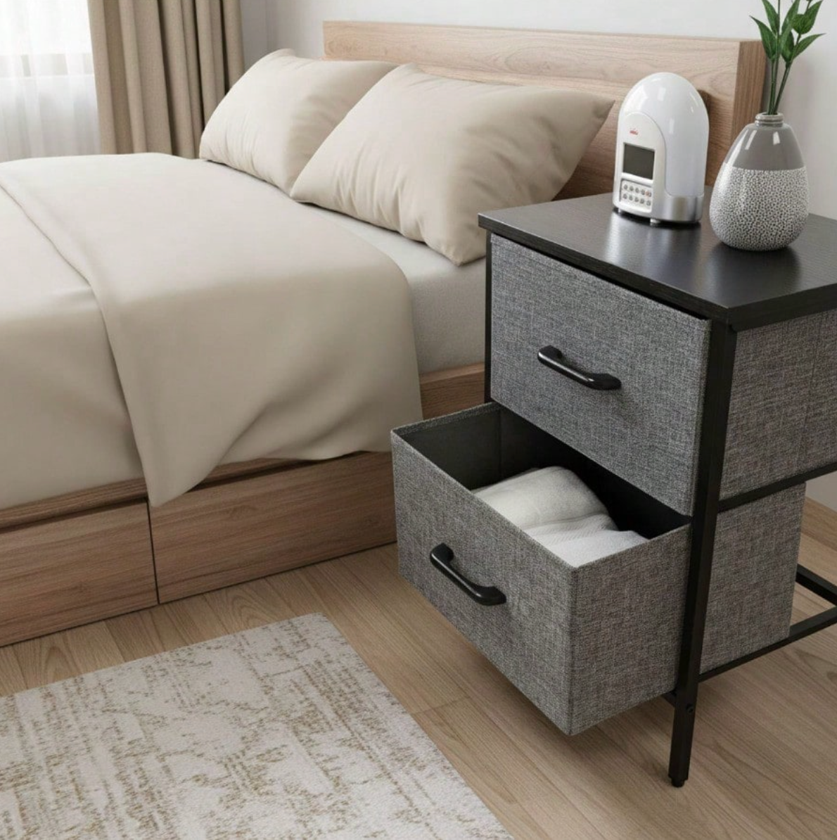 Mesa de Noche con 2 Cajones | Organización y Estilo en Poco Espacio