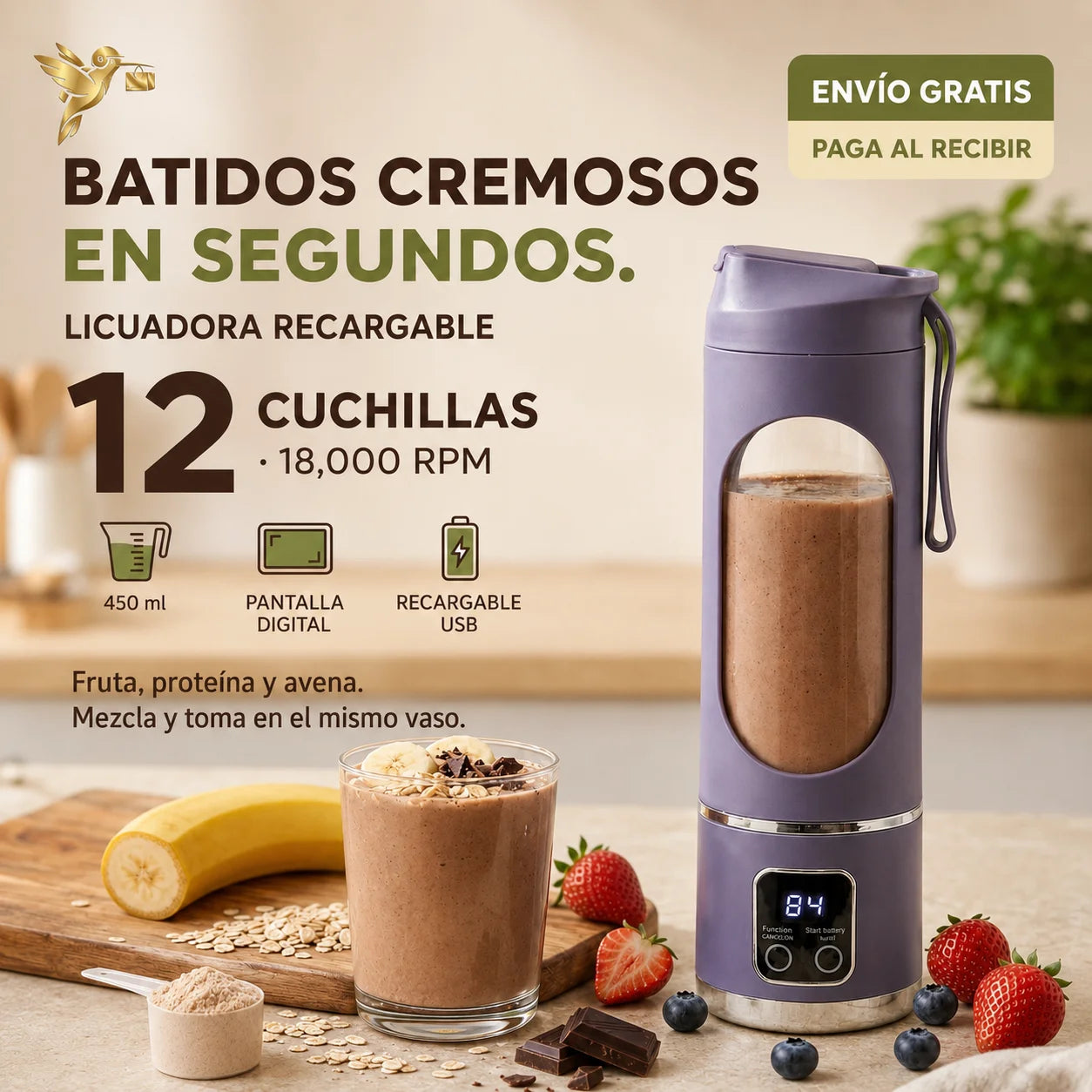 Licuadora Portátil Recargable 450 ml | Prepara Batidos Donde Quieras - 12 Cuchillas y Pantalla Digital
